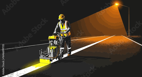Roadworker striping street lines at dusk with specialized machine and safety gear