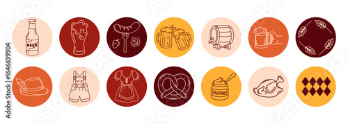 Oktoberfest Line Icons Set in Colored Circle Badges.Beer fest icons with beer, pretzel, sausage, mustard, barrel, Bavarian clothing, line art style, festival branding,stickers,digital graphics. Vector