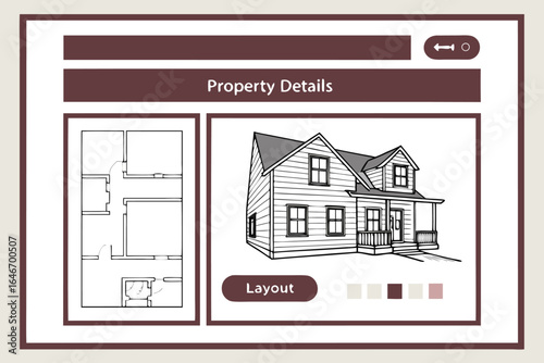 Illustration of a house with property details including floor plan and exterior view in a framed display