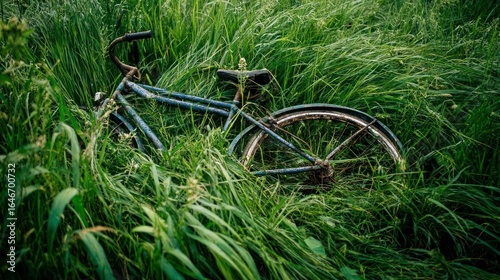 Abandoned bicycle in lush grass