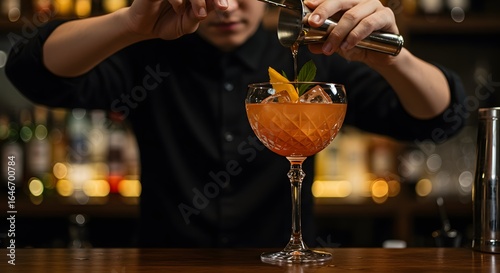 Bartender pouring cocktail into a crystal glass with garnishes