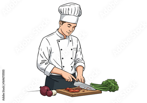 A smiling chef meticulously dices vegetables with a sharp knife. Professional, focused, and detailed. Ideal for culinary, food, and lifestyle visuals.
