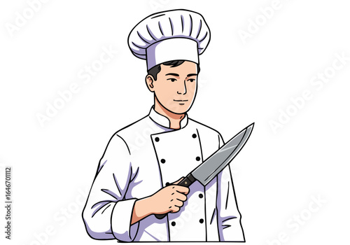 A smiling chef in a white uniform holds a knife, showcasing culinary skills. Clean, professional illustration with a purple background. Perfect for food, cooking, or restaurant themes.