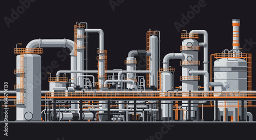Stylized industrial complex with intricate pipeline network and heavy machinery