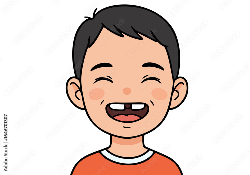 A joyful young boy exhibits a gap smile, radiating happiness. Simple, clean illustration style. Bright orange background emphasizes the positive emotion. A joyful young boy exhibits a gap smile, radiating happiness. Simple, clean illustration style. Bright orange background emphasizes the positive emotion.