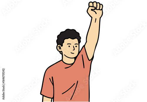 A man raises his fist in a gesture of freedom and resilience. Bold graphic style, vibrant orange background. Represents strength and spirit.