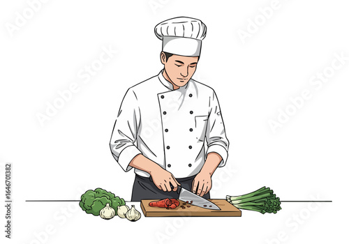 A professional chef meticulously chops vegetables with a knife on a cutting board.  Clean, bright studio setting.  Focus on precision and culinary skill.