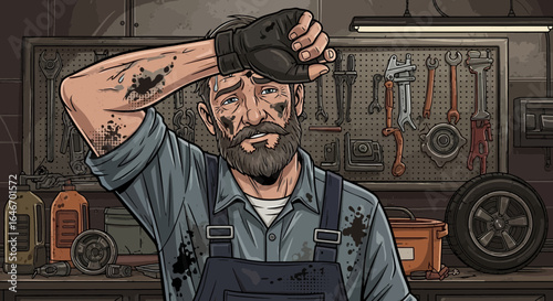 Tired mechanic wiping sweat after a job well done in cartoon style