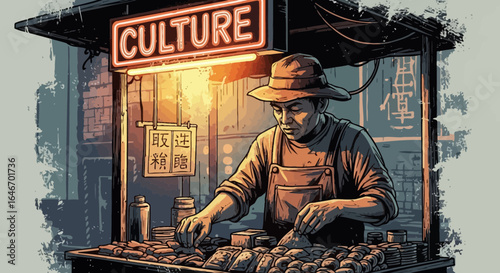 Traditional food vendor preparing local delicacies at street side stall
