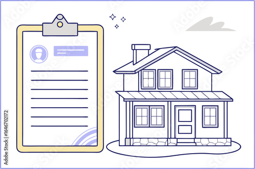 Illustration of a house next to a clipboard with a document and a cloud in the background with sparkles