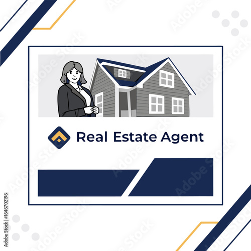 Illustration of a real estate agent and a house with a modern design in a promotional graphic layout