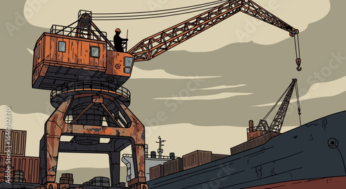Vintage Port Crane Lifting Cargo with Skilled Operator at Dockside