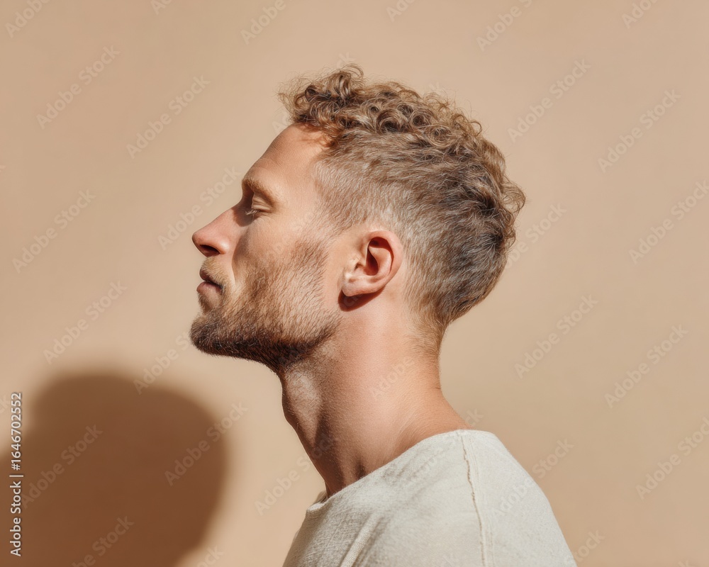 Obraz premium Modern Stylish Man with Fade Haircut and Subtle Stubble Premium Minimalist Profile Portrait for Millennial Male Fashion and Personal Care Marketing
