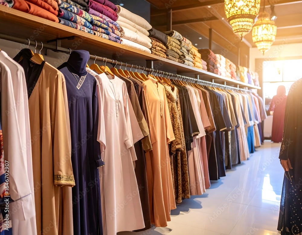 Obraz premium Clothing store interior with rows of garments