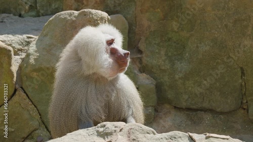 Hamadryas Baboon Yawning on Rocky Terrain in Sunlight
