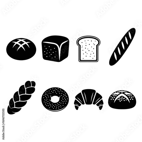Selection of Different Bread Types in Black and White Simple Icon Style for Bakery or Restaurant Advertising and Menu Design Ideas