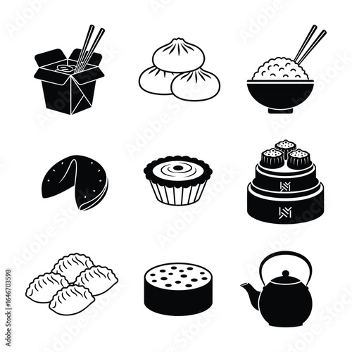 Collection of Traditional Chinese Cuisine Icons Featuring Dim Sum Rice Fortune Cookie and Teapot Black and White Graphics