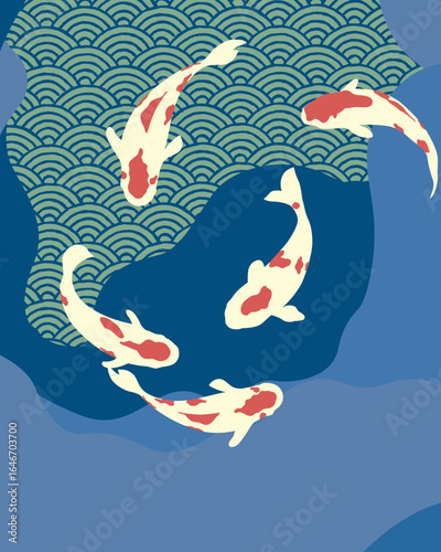 Elegant hand drawn koi fish swimming gracefully over Japanese wave patterns in blue and green tones. Minimal yet traditional style, ideal for textiles, wallpapers, and cultural themed designs.