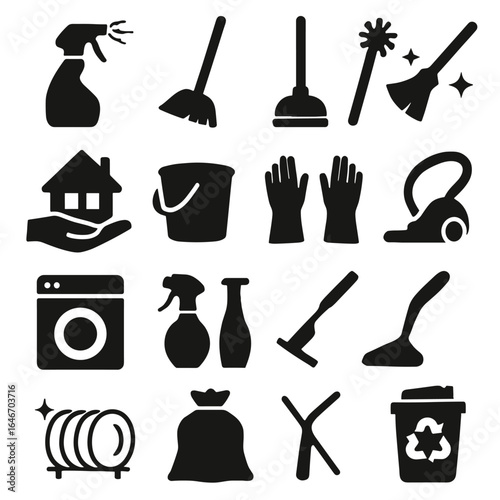 Set of Cleaning Icons Equipment and Tools for Housekeeping Tasks in Solid Black Silhouette Style Isolated on White Background