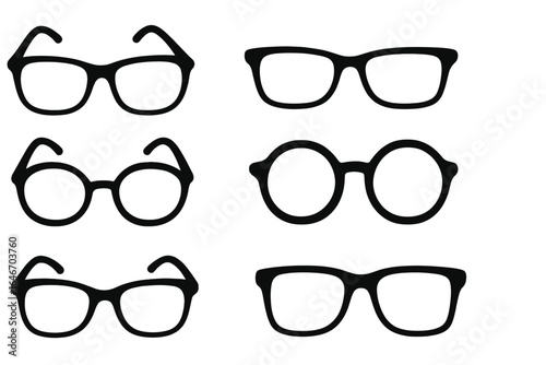 Collection of Stylish Eyeglasses Shapes on White Background for Vision Correction and Fashion Accessories Presentation six different pairs
