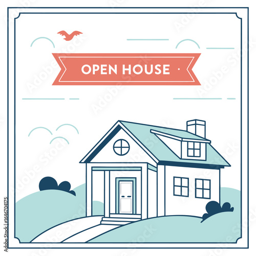 Illustration of a house with open house banner, bird, clouds, and bushes in a framed square format image