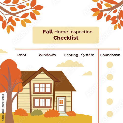 Illustration of a home inspection checklist with a house, autumn leaves, and inspection categories listed