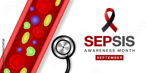 September is Sepsis Awareness Month. Blood,  sthetoscope and ribbon. Suitable for posters, banners and social media. White background.