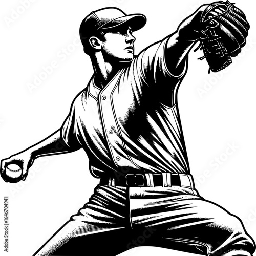 Baseball Pitcher in Action: A dynamic black and white depiction of a baseball pitcher mid-throw, capturing the essence of power and precision in the game.