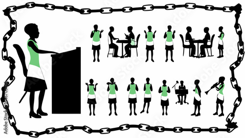 Silhouette figures in green and white aprons performing various activities within a chain link border