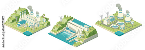 Isometric three power plants. Thermal power station with smokestacks, hydroelectric dam with flowing water, and nuclear power plant with cooling towers and reactor building.