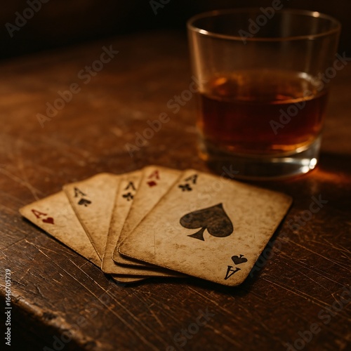 Close-Up of Playing Cards and Whiskey Glass on a Saloon Table with Soft Golden Lighting