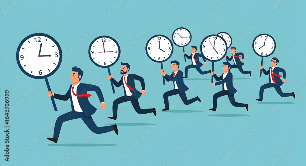 Running Business People Holding Clock Signs on Blue Background Running Business People Holding Clock Signs on Blue Background