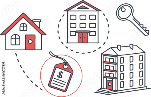 Illustration of houses buildings a price tag and a key representing real estate and property concepts
