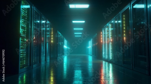 Empty server room hallway under neon lights