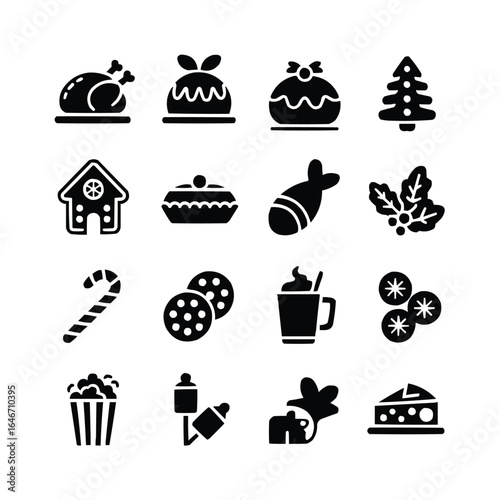 Christmas Festive Food Icons:  Simple Black Glyph Style Vector Graphics