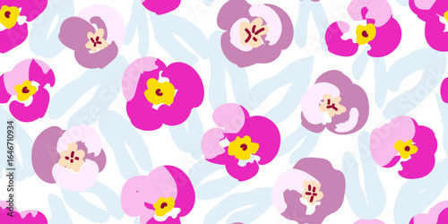 Cute, soft floral vector seamless pattern. Pink, purple pansy flowers blue foliage on a white background. For fabric prints, textile products.
