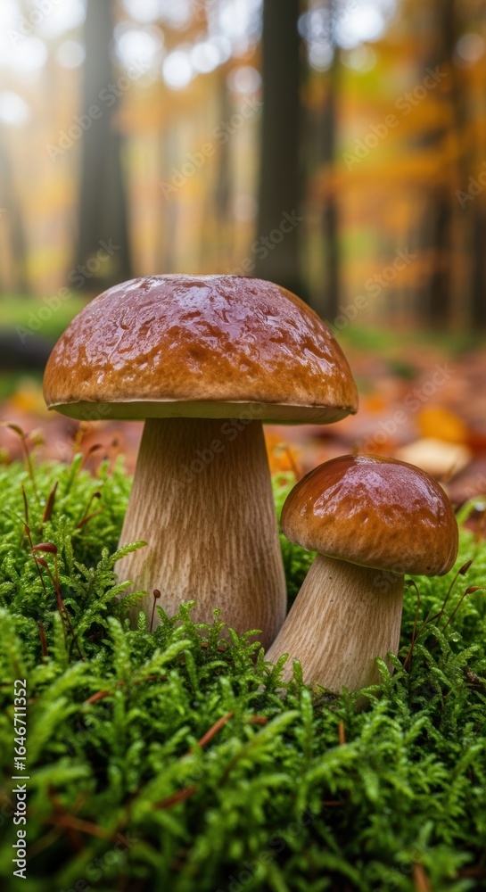 Fototapeta premium Wild mushrooms in forest setting with autumn leaves and green moss