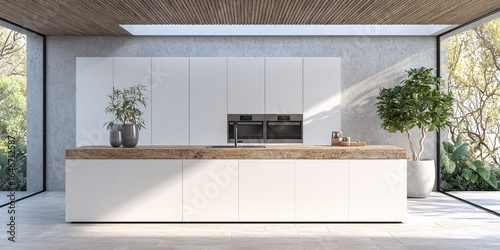 MODERNE MINIMALISTISCHE KÜCHE MIT HELLER HOLZTHEKE UND BETONWÄNDEN