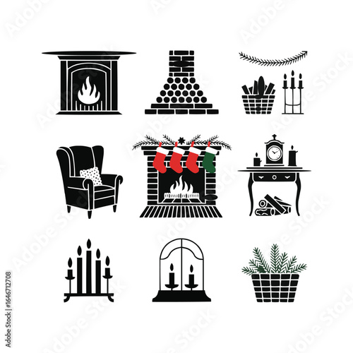 Cozy Christmas Fireplace Icons:  Black Silhouette Festive Winter Home Decor Set