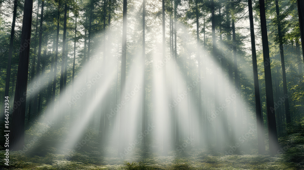 Obraz premium Mysterious light beams shine through dense forest, creating enchanting atmosphere