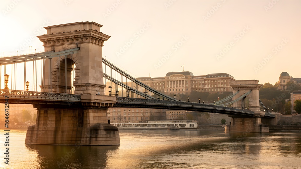 Obraz premium Chain bridge over Danube river with Buda castle in background at sunrise budapest hungary