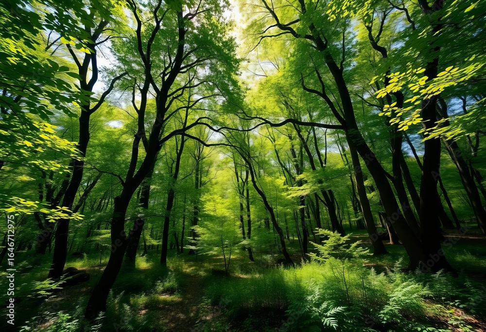 Obraz premium Lush green canopy, sun-dappled forest floor, vibrant spring foliage, foliage, vibrant