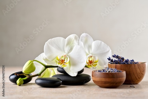 Serene spa arrangement with white orchids lavender and smooth black stones