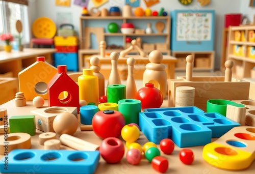 Wallpaper Mural Brightly colored wooden sorting toys and Montessori materials arranged on a table in a cheerful classroom,  organized,  wooden toys Torontodigital.ca