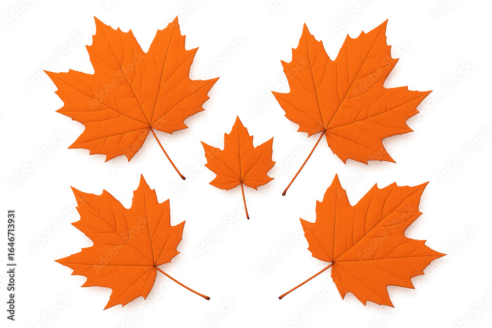 Fototapeta premium Five bright orange maple leaves falling against a transparent background, perfect for autumn-themed designs