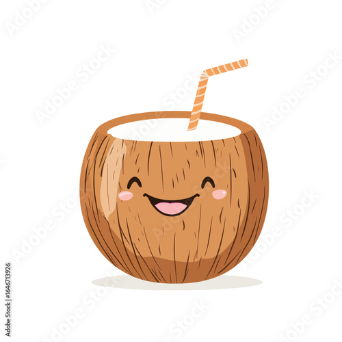 Smiling Cartoon Coconut Drink with Striped Straw Happy and Refreshing