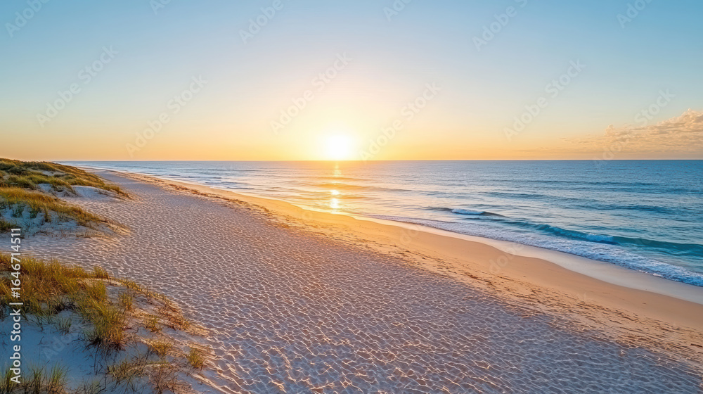 Obraz premium Golden sun rising over tranquil beach soft waves lapping at sandy shore