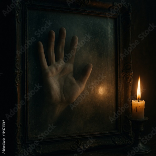 Close-Up of Pale Hand Reaching Out from Inside Old Mirror, Fingers Pressing Against Glass