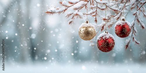 Weihnachtskugeln an einem Ast mit Schnee im Hintergrund, Weihnachtsdeko Werbebanner Karte