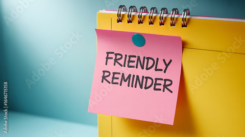 Pink sticky note with friendly reminder on yellow notepad